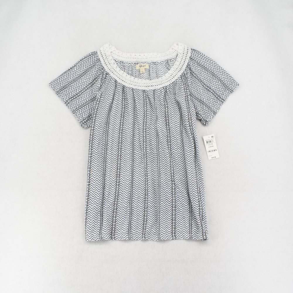 Style & Co Womens Crochet-Trim Chevron Flutter Short Sleeve T-Shirt Top White